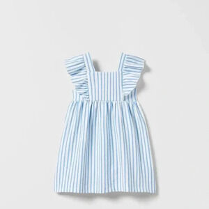 Zara Printed Jacquard Dress blue white stripe ruffle sleeve  12-18months